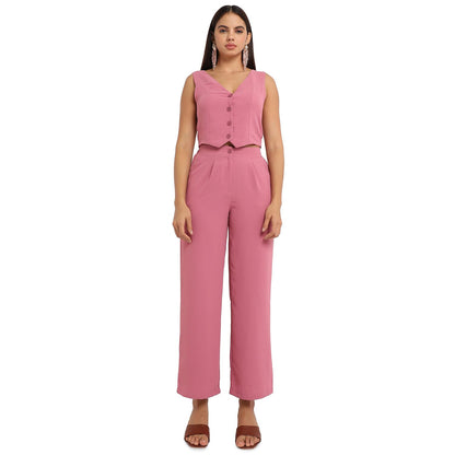 Campus Sutra Womens Salmon Pink Chic Vest Co-Ord Set for Casual Wear | Sleeveless | Polyester Fabric | V Neck Clothing Set Craf