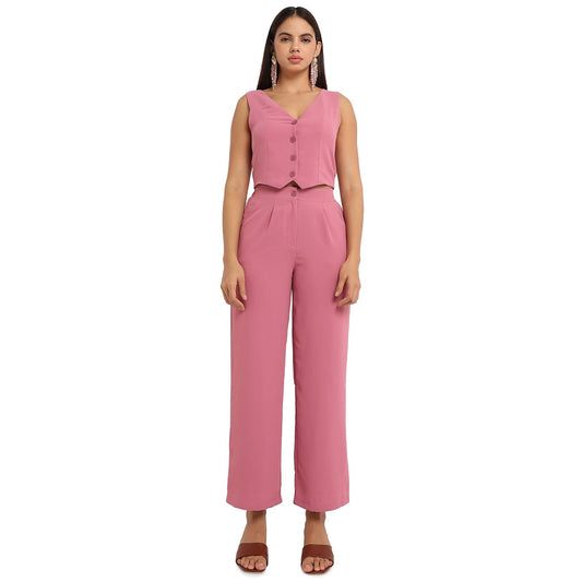 Campus Sutra Womens Salmon Pink Chic Vest Co-Ord Set for Casual Wear | Sleeveless | Polyester Fabric | V Neck Clothing Set Craf