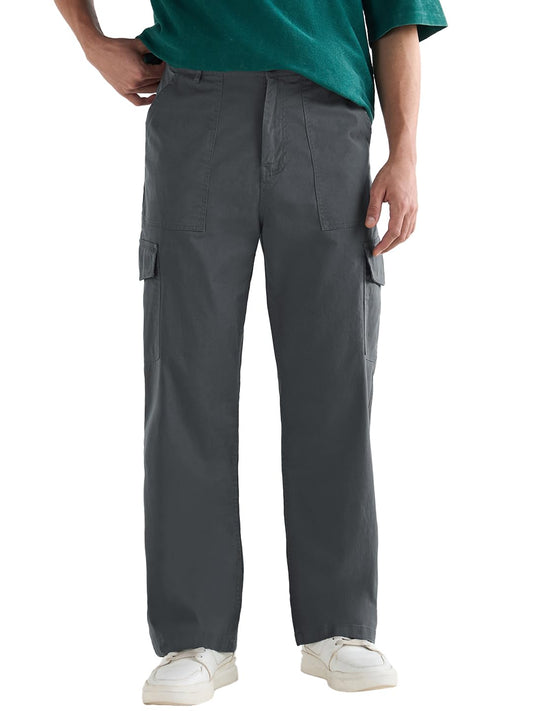 Bewakoof Mens Solid Straight Fit Cotton Spandex Cargo Casual Pants_628751_Grey_30