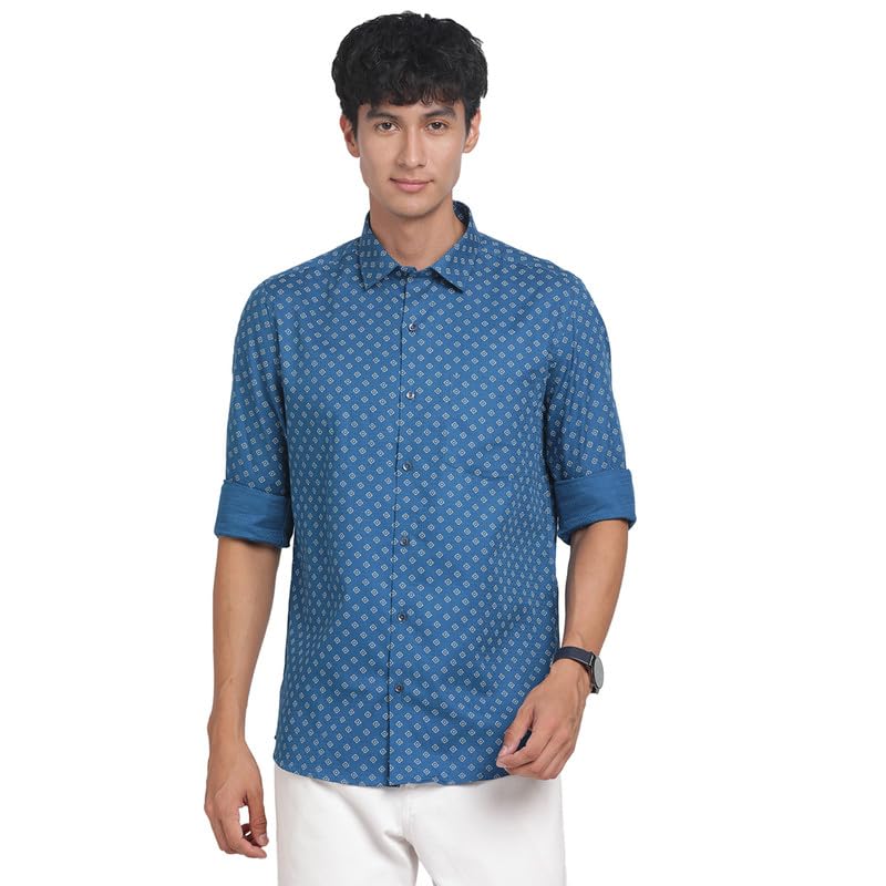 Turtle Men 100% Cotton Silm Fit Blue Printed Formal Full Sleeve Shirt