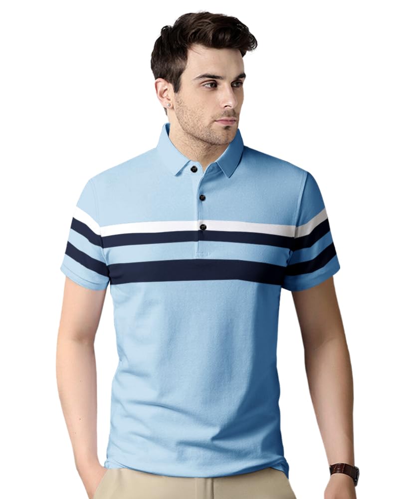 Noble Monk MenS Regular Fit Polo Neck T-Shirt | Half Sleeve | Stripe On Chest | Collared Neck Tshirt For Men