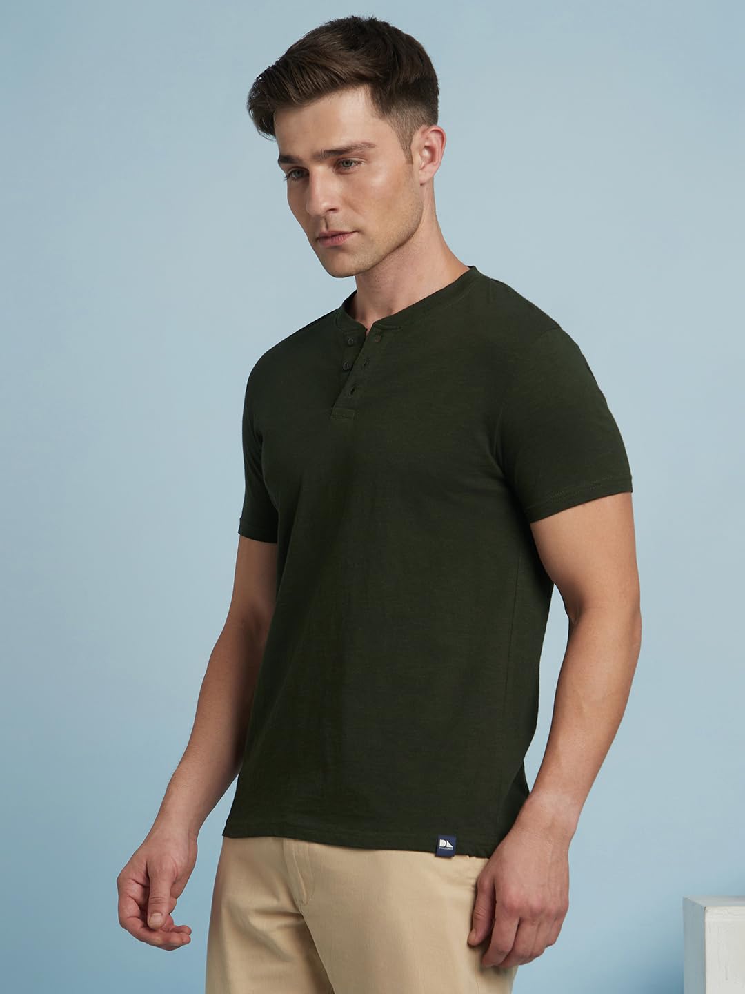 Dennis Lingo Men Solid Cotton Slub Regular Fit Half Sleeves Round Neck T Shirts Olive