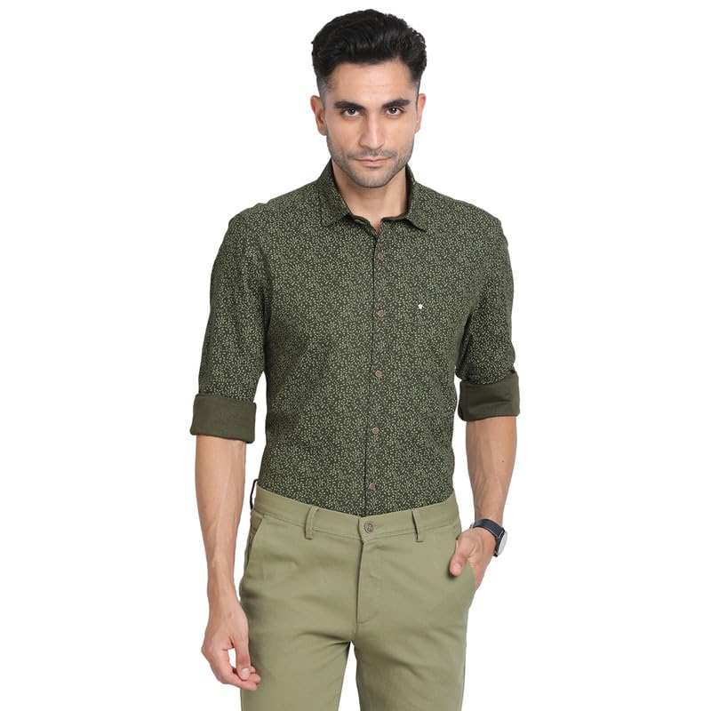 Turtle Men Cotton Tencel Slim Fit Dark Green Printed Casual Shirt