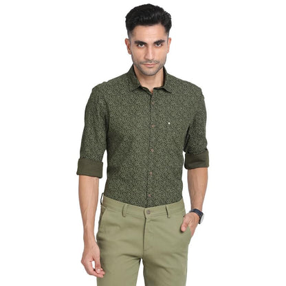 Turtle Men Cotton Tencel Slim Fit Dark Green Printed Casual Shirt