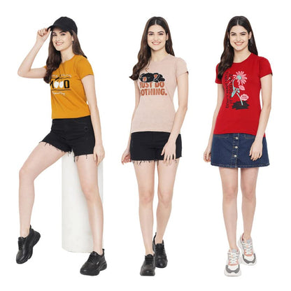 Preneum Womens Cotton Regular Fit Latest Graphic Stylish Printed Short Sleeves Casual T-Shirt || Trend & Styles (Pack 3), Yello