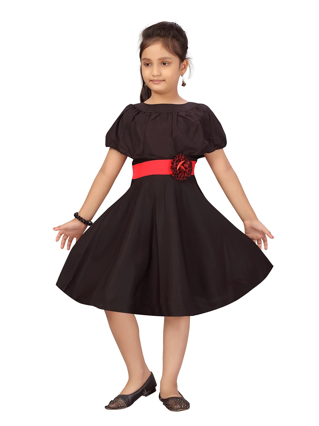 Aarika Girl's Silk Skater Knee-Length Dress (MR_FK-21309_Black