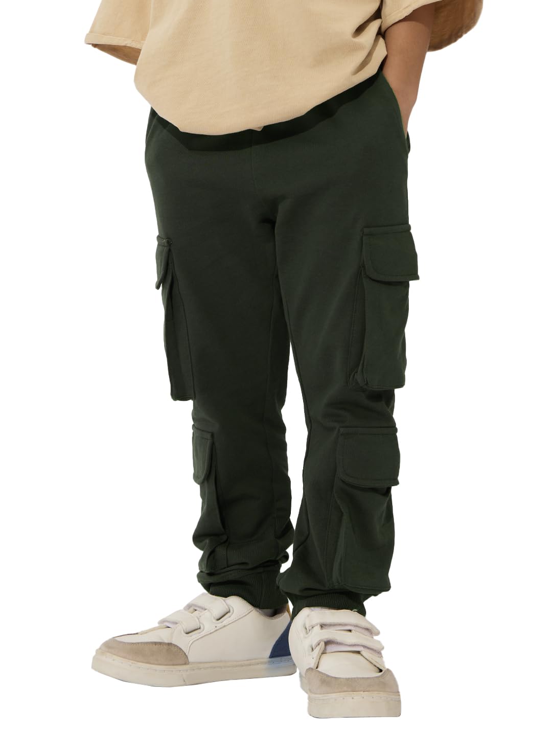 The Souled Store Solids: Olive Green Boys Drawstringed Straight Fit Cotton Joggers