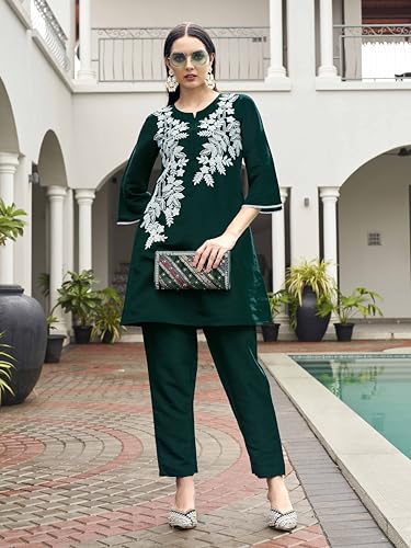 Womanista Women's Bottle Green Colour White Thread Embroidery Work Tunic with Trouser coord Set(Co-ords_9123)