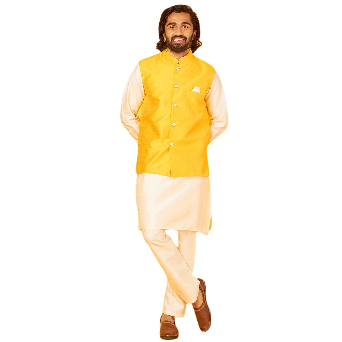White Silk Kurta With Gold Bandi Pajama Set For Men