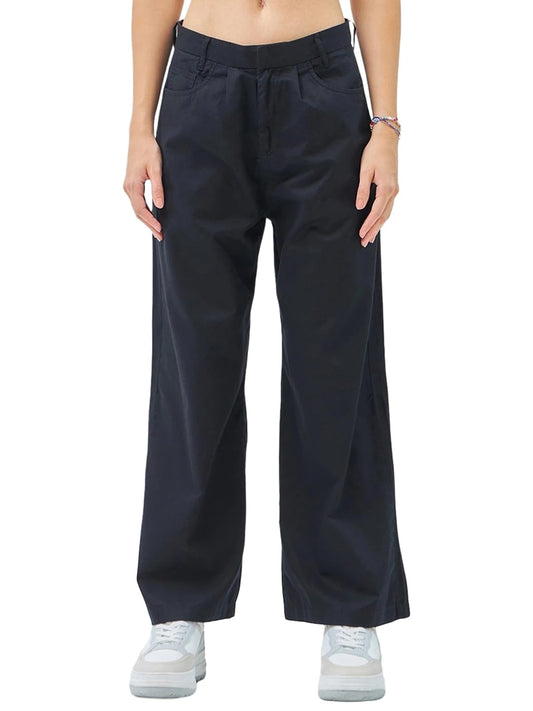 Bewakoof Womens Solid Super Loose Fit Cotton Baggy Wide Leg Pants_ 620032 Black_ 28