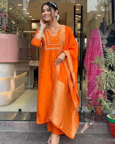 GoSriKi Women's Rayon Blend Embroidered Kurta with Pant & Dupatta, Size 42, Orange, Model Manushi Begani-gs