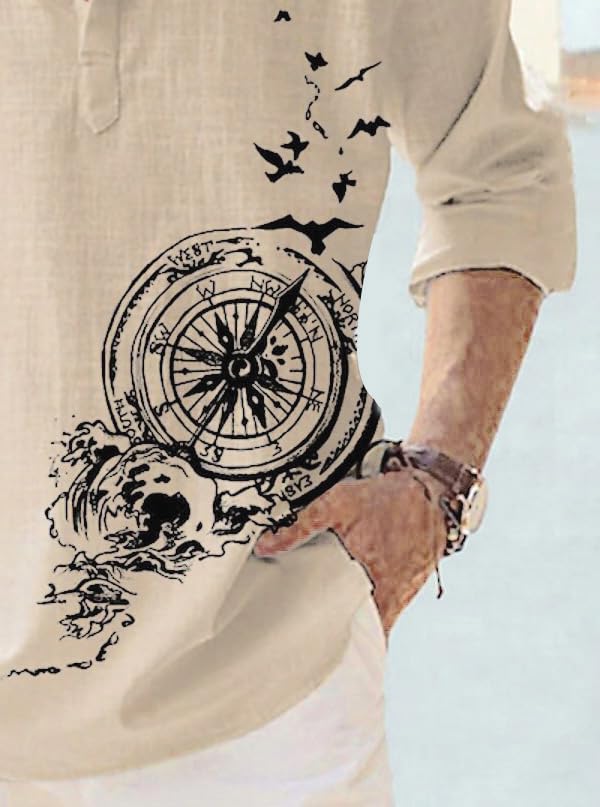 Deemoon MenS Cotton Blend Mandarin Collar Self One Design Full Sleeve Casual Short Kurta Beige