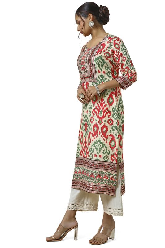 Soch Womens Cream Linen Blend Abstract Print Kurta with Mirror Work