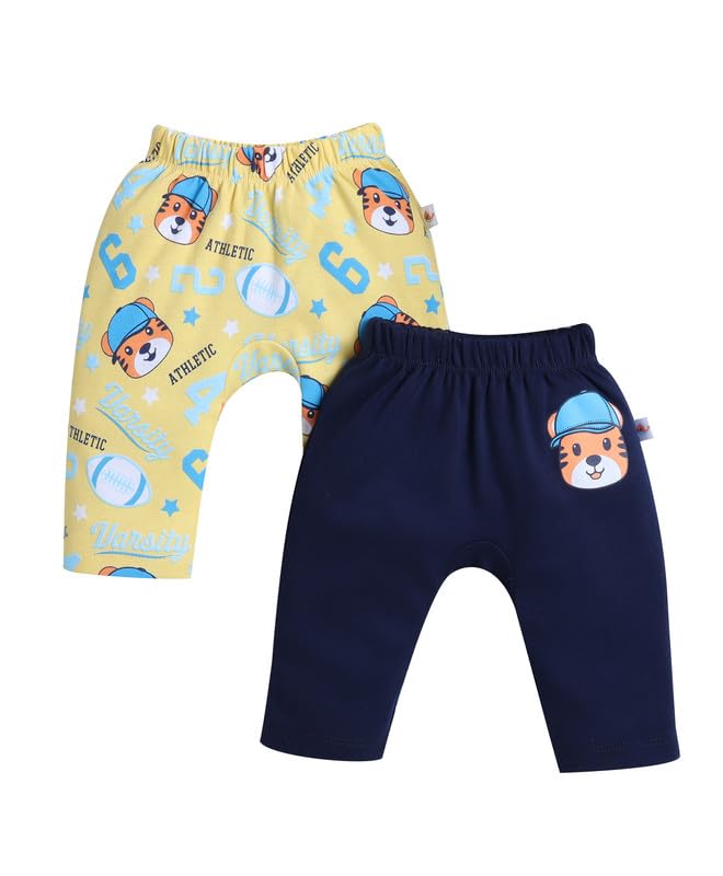 Bumzee Baby Boys Cotton Diaper Pants/Leggings/Pyjamas Pack Of 2 Navy & Yellow - 0-3 Months (Peb10542B-Nbl)