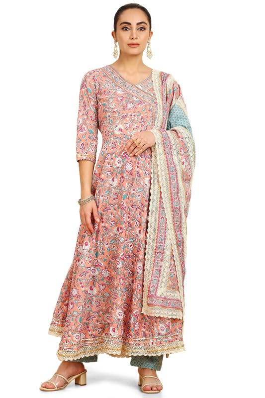 Soch Womens Peach Floral Print Angrakha Cotton Suit Set