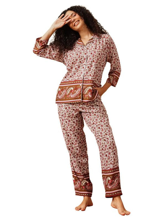 Clovia Womens Rayon Floral Print Button-Down Shirt & Pyjama Set in White (LS0766P18_White_S)
