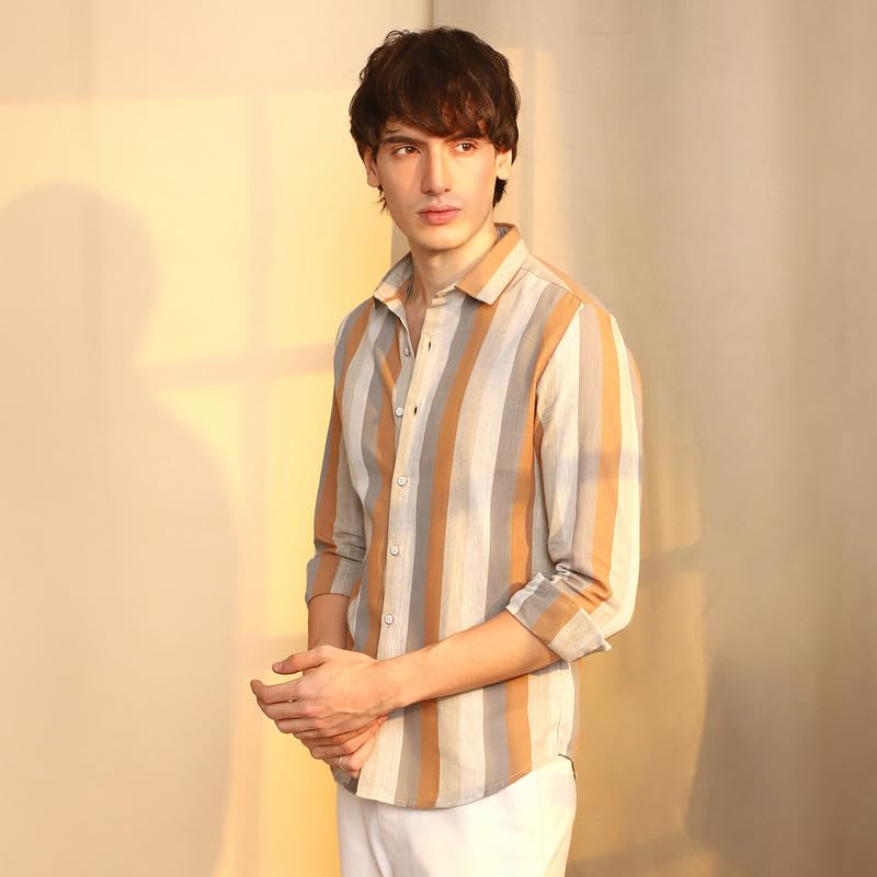 Campus Sutra Mens Copper Brown & Peanut Brown Block-Striped Shirt | Casual Wear | Spread Collar | Long Sleeve | Button Closure