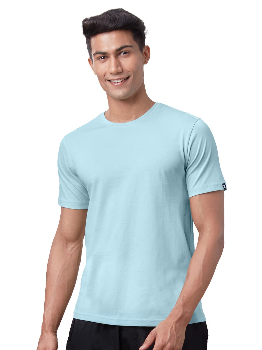 The Souled Store Sky Blue Solid T Shirt for Men Round Neck Half Sleeve Printed Breathable Cotton Stylish Dry Fit Tshirts Casual