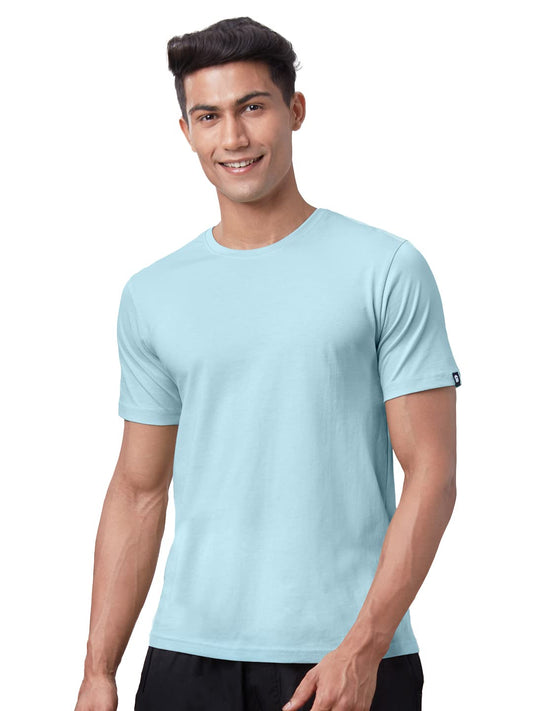 The Souled Store Sky Blue Solid T Shirt for Men Round Neck Half Sleeve Printed Breathable Cotton Stylish Dry Fit Tshirts Casual