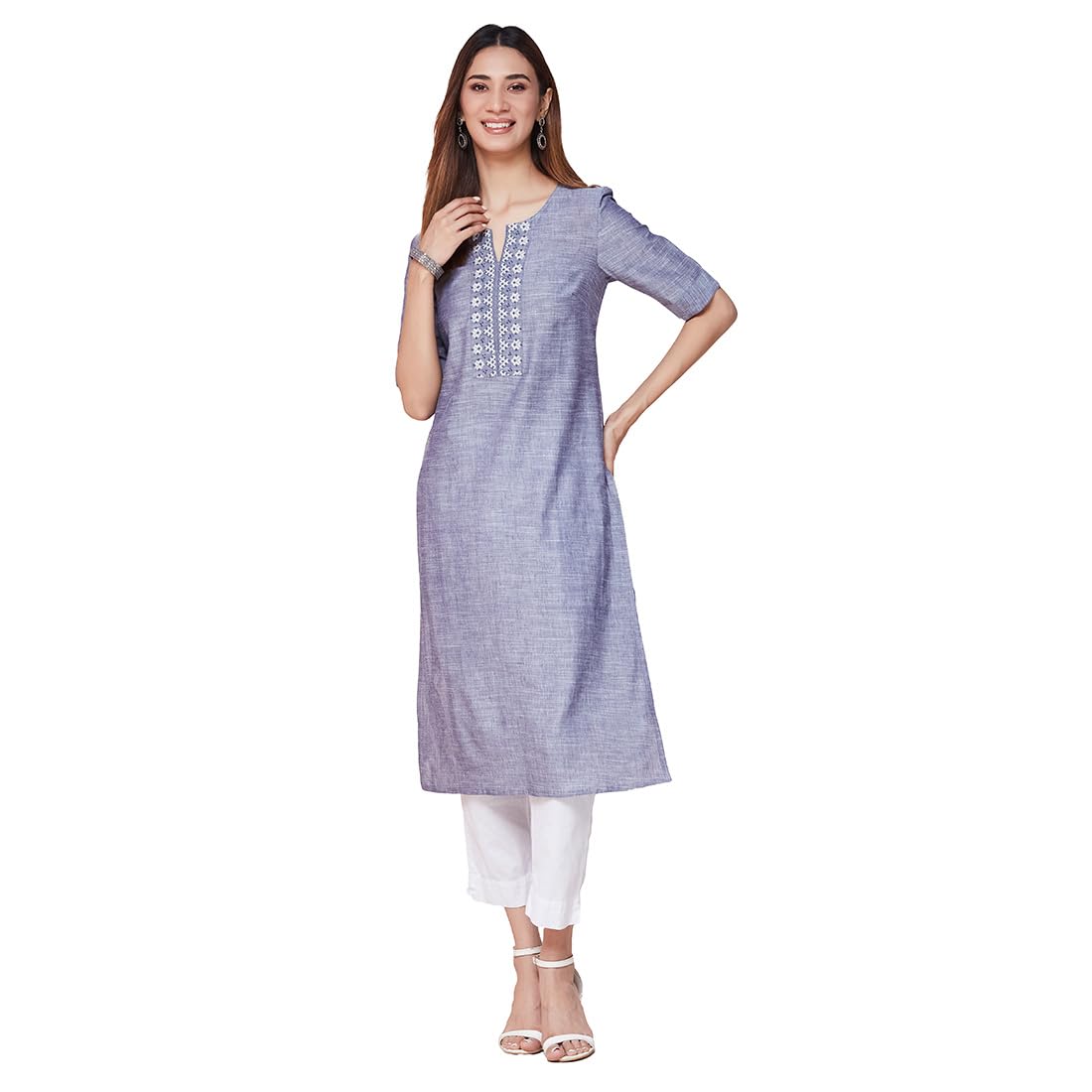 Fabindia WomenS Cotton Solid Slim Kurta (1037332Blue_Blue