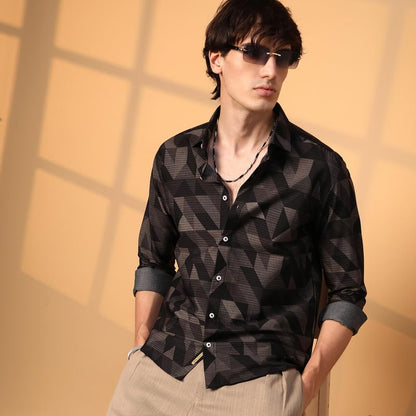 Campus Sutra Mens Midnight Black Geometric Seersucker Shirt for Casual Wear | Spread Collar | Long Sleeve | Button Closure | Sh