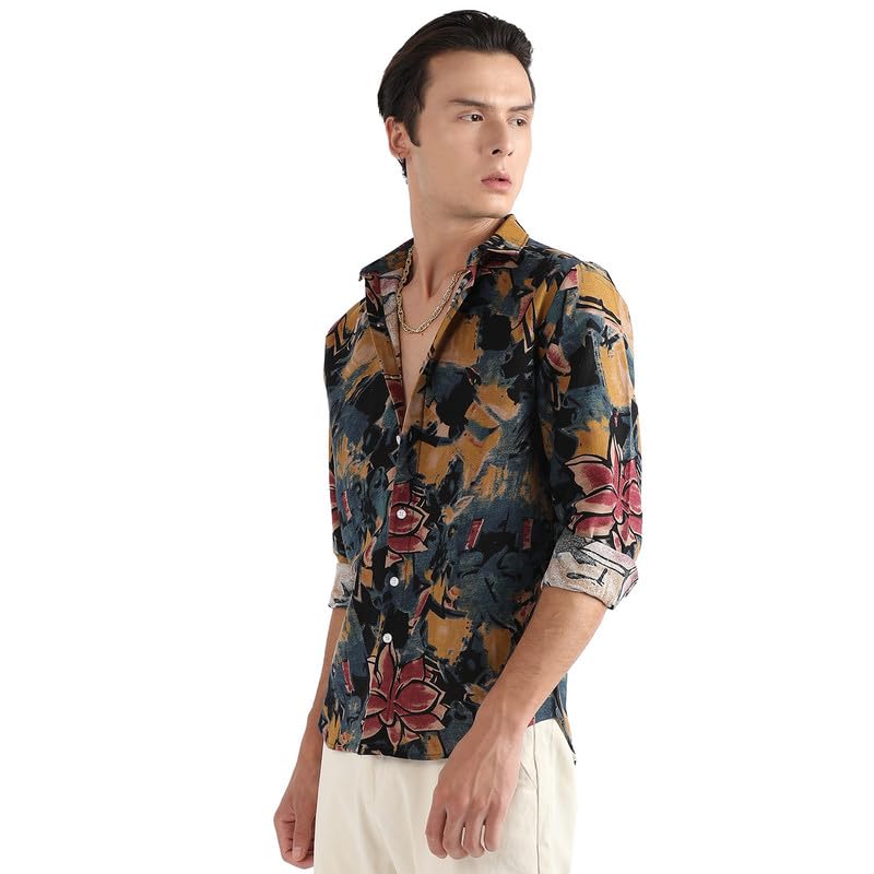 Campus Sutra Mens Multicolour Artistic Flowers Shirt for Casual Wear | Spread Collar | Long Sleeve | Button Closure | Cotton Sh