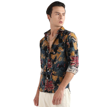Campus Sutra Mens Multicolour Artistic Flowers Shirt for Casual Wear | Spread Collar | Long Sleeve | Button Closure | Cotton Sh