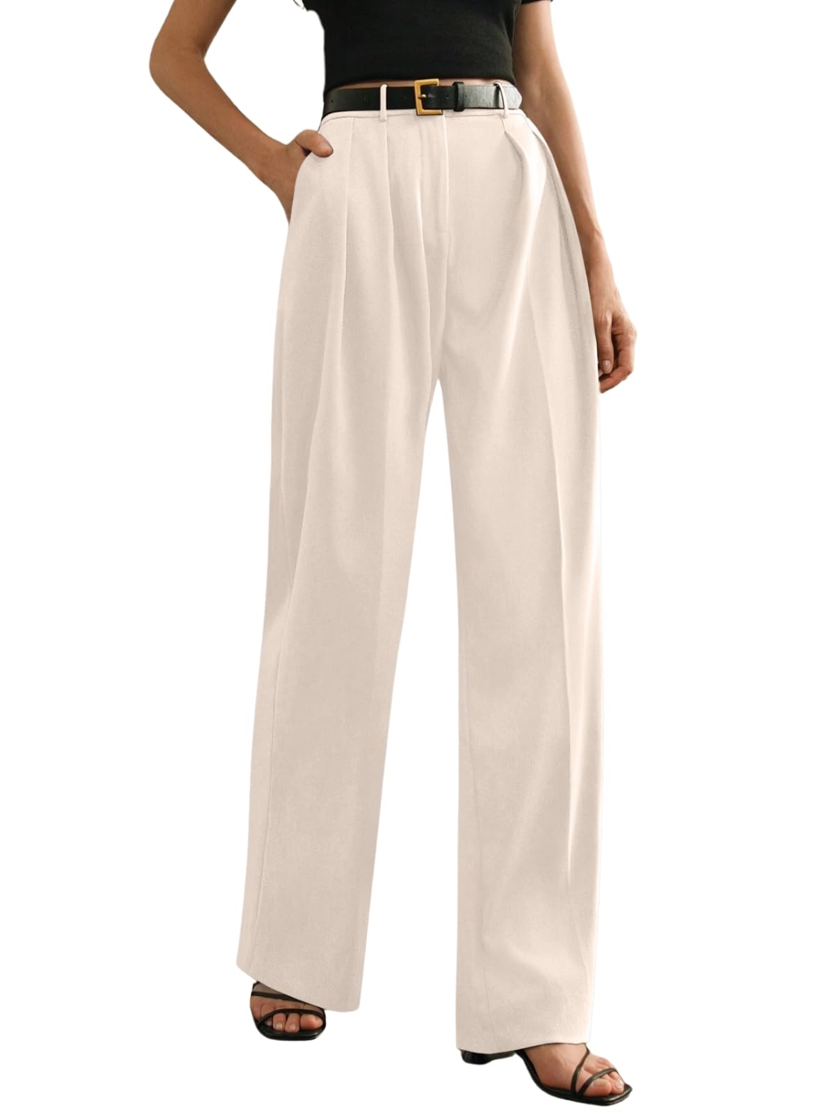 Greciilooks High Waist Cotton Trousers For Women  Flared Parachute Pants With Side Pockets | Casual Travel Cargo Pants Cream