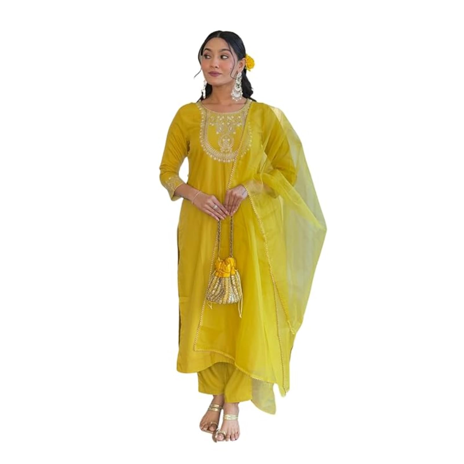 Naixa WomenS Lemon Yellow Rayon Slub Embroidered Straight Kurta With Rayon Slub Pant And Organza Laced Dupatta Sets (Nx-596-Lem