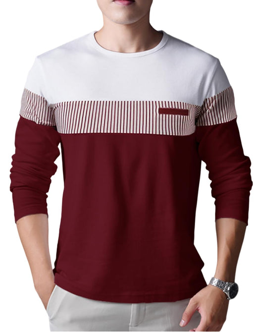 Noble Monk MenS Round Neck Regular Fit T-Shirt | Full Sleeves | Casual Tshirt For Men Wine Red White