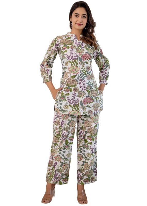 SMOWKLY Womens Printed Rayon Slub Mid Thighs Short Kurti With Relaxed Fit Pant Sylish Co-Ords Set || Trendy 3/4 Sleeve Kurta &
