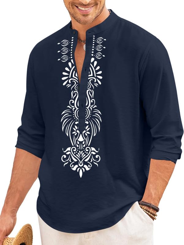 Finivo Fashion MenS Cotton Blend Short Kurta With Bold Printed Front Design | Full Sleeve Ethnic Casual Kurta With Mandarin Coll
