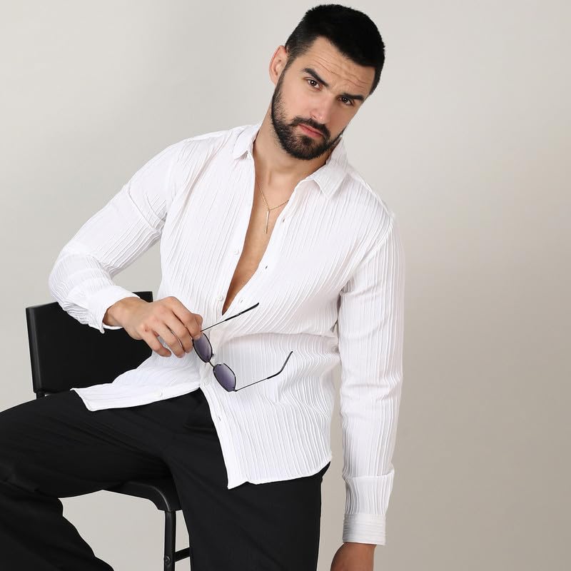 Campus Sutra Mens Chalk White Self-Design Striped Shirt for Casual Wear | Spread Collar |Long Sleeve | Button Closure | Shirt C