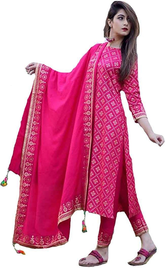 ANNI DESIGNER Womens Cotton Foil Printed Straight Kurta with Pant & Dupatta(NAVLIK-PINK-001)