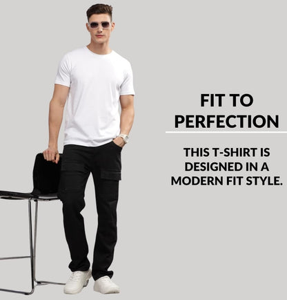 ADRO Men's Solid Regular Fit T-Shirt (RCM3-PLN-PT-BL-WH_Pista,Black,White