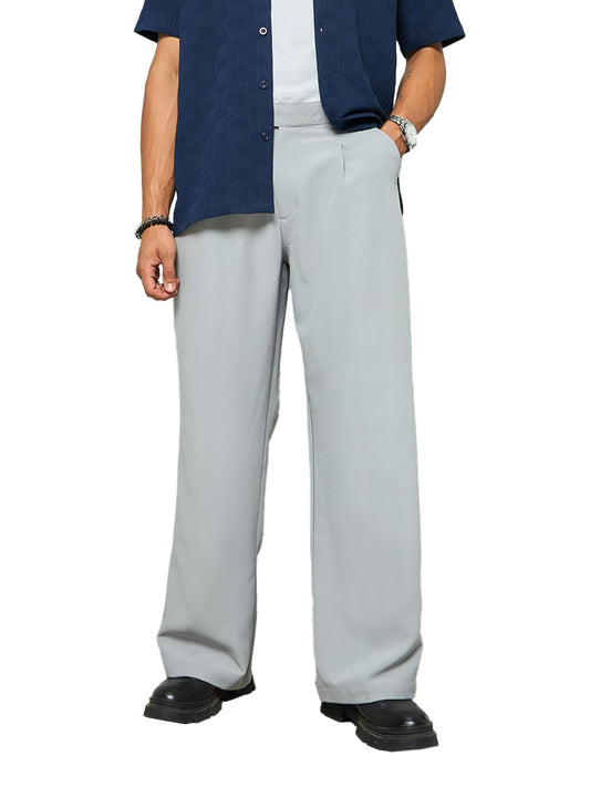 Bewakoof Mens Solid Wide Leg Polyester Blend Korean Pant_633825_Grey_XL