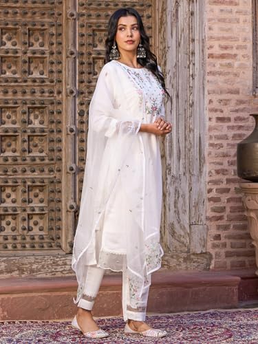 Shiv Textiles Embroidery Off White Kurta Trousers With Dupatta Striped Viscose Silk Blend Three-Quarter Sleeves Kurta Sets For W
