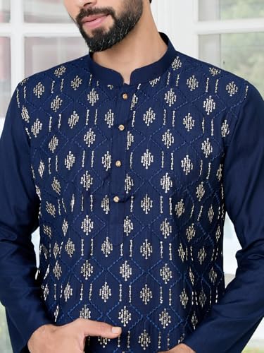 See Designs Mens Full Sleeve Mandarin Collar Blue Ethnic Motifs Embroidered Sequinned Mandarin Collar Straight Long Kurta - Fes