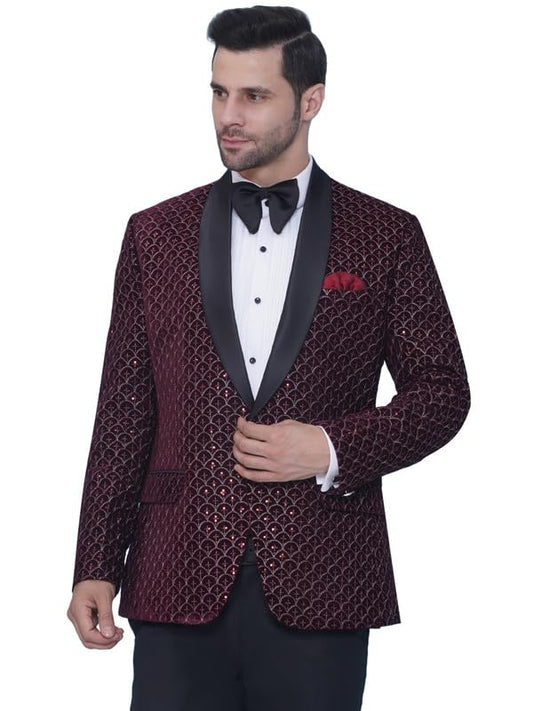 Favoroski Wedding Sequence Blazer Suit For Men | Embroidered Maroon Velvet Blazer | Relaxed Fit Blazer For Men Wedding Party | E
