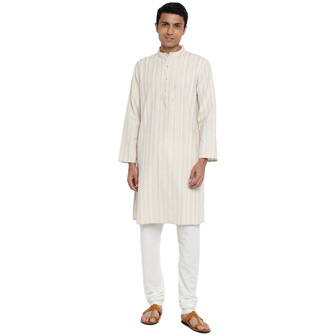 Fabindia Men Cotton Linen Printed Long Kurta Natural_S