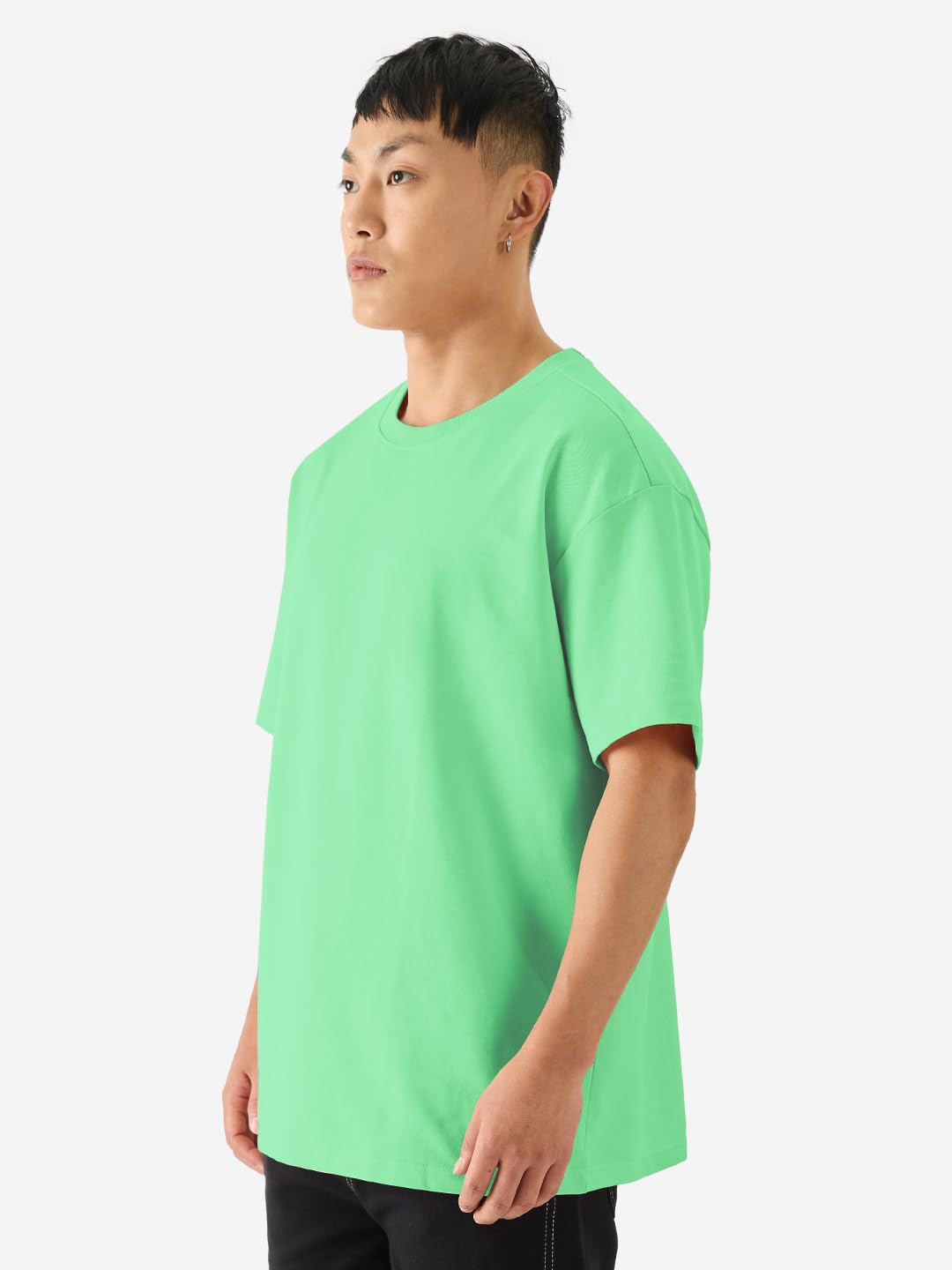 The Souled Store Solids: Spring Bud Green Drop Shoulder Short Sleeves Round Neck Cotton Oversized Baggy T-Shirts for Men and Boy