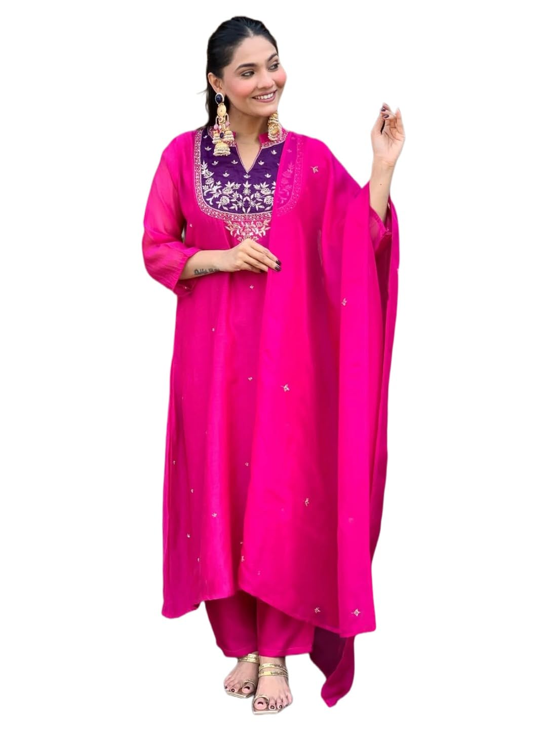 ANNI Designer Womens Rayon Viscose Solid Anarkali Embroidery Kurta with Pant and Dupatta (CHANDINI Rani_XXL_Rani_XX-Large)