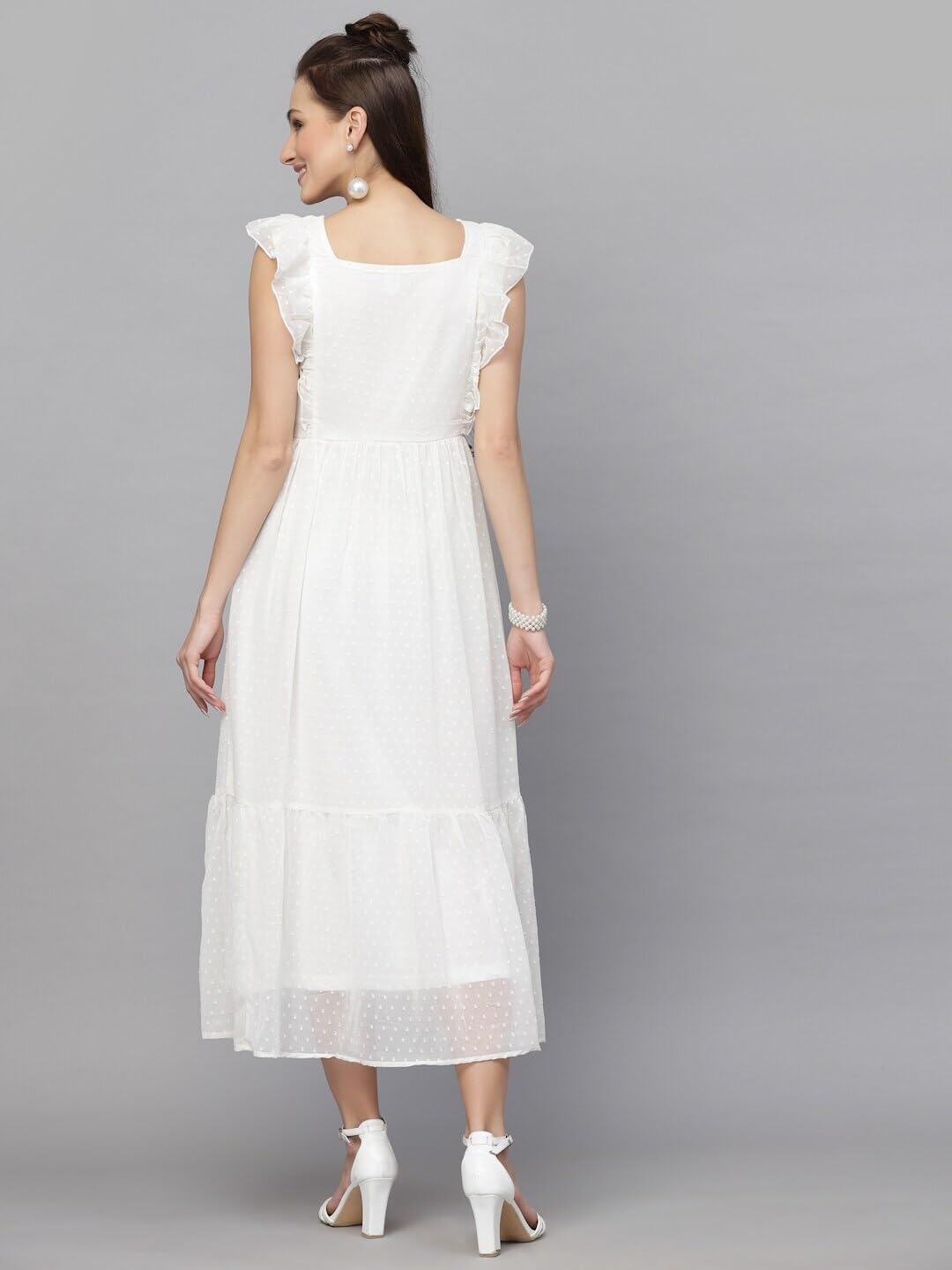 Avanova Georgette Jacquard Butti White Square Neck Knee Length Western Dresses For Women