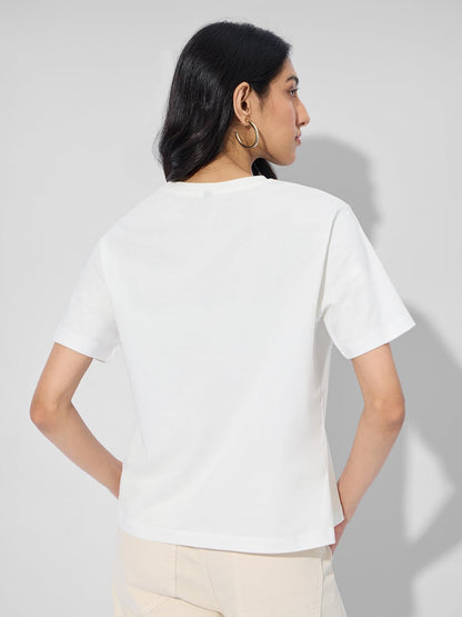 The Souled Store Up: Adventure Women and Girls Short Sleeves Round Neck White Embroidered Cotton Relaxed Fit T-Shirts