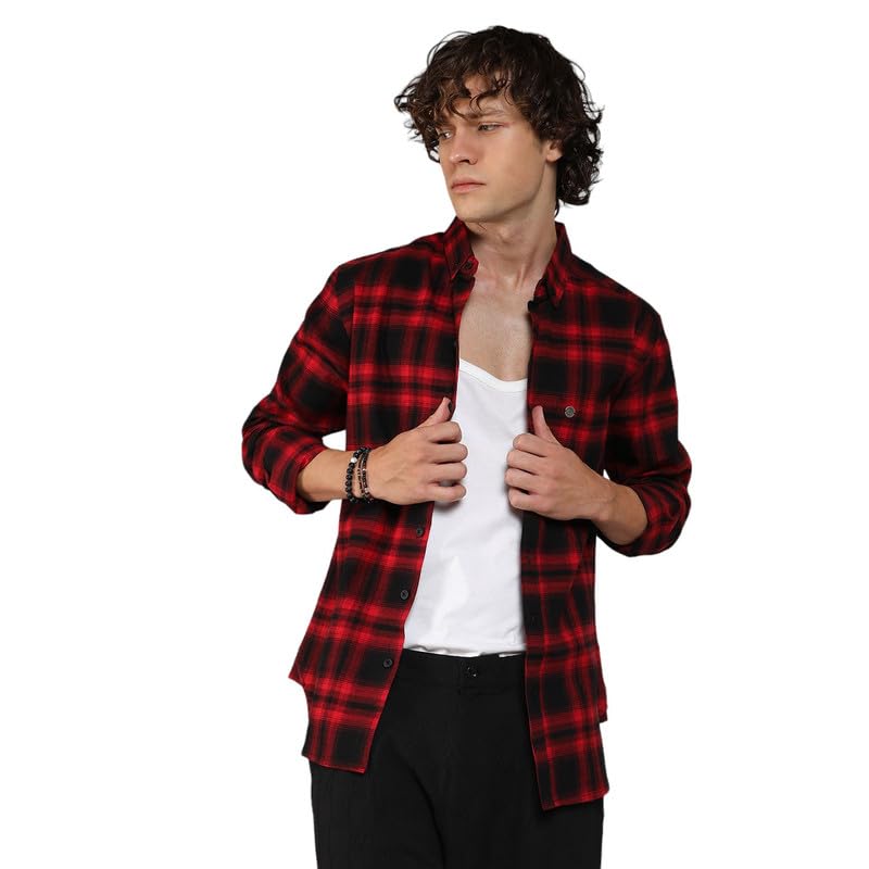 Campus Sutra Mens Midnight Black & Scarlet Red Brushed Buffalo Check Shirtfor Casual Wear | Spread Collar | Long Sleeve | Butto