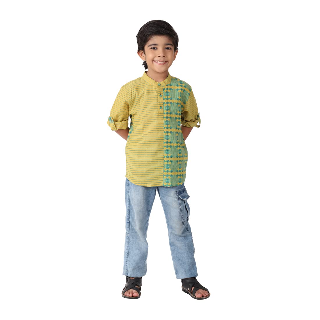 Fabindia Kids Cotton Printed Short Kurta Green_12-14Y