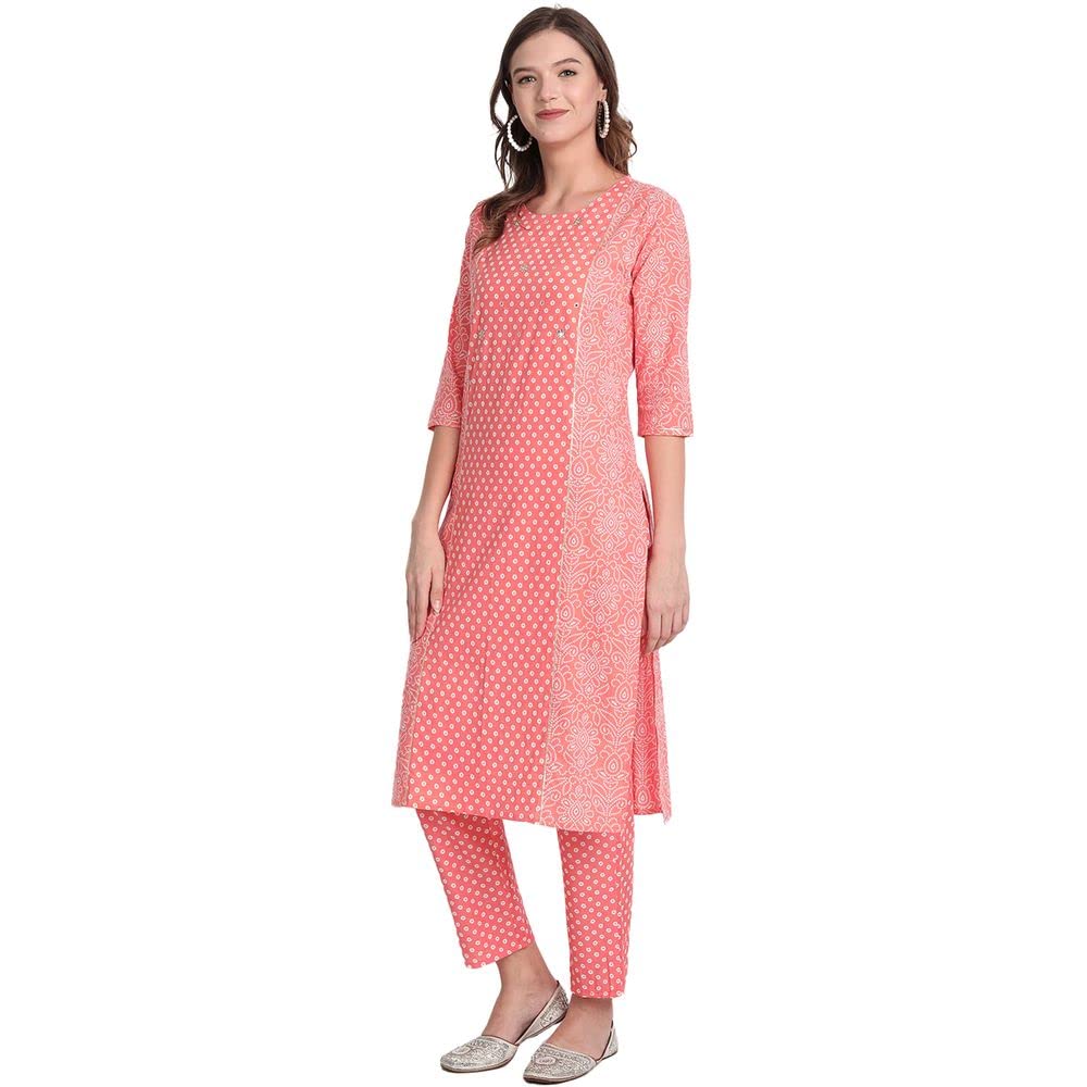 anubhutee Women's Pink Ethnic Motifs Printed Pure Cotton Straight Kurta Suit Set with Pants