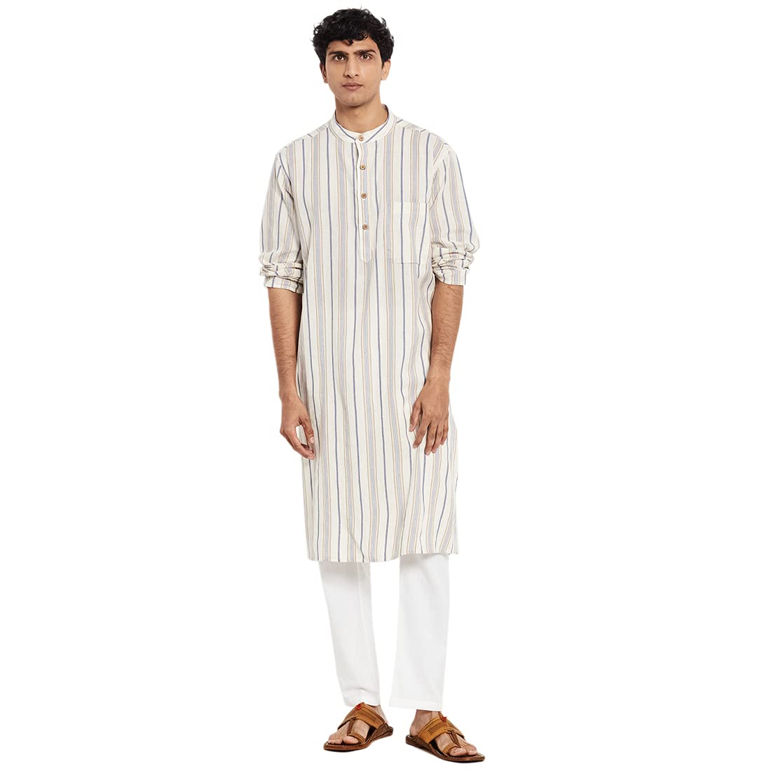 Fabindia Men Bana Striped Long Kurta Cotton_M Off White