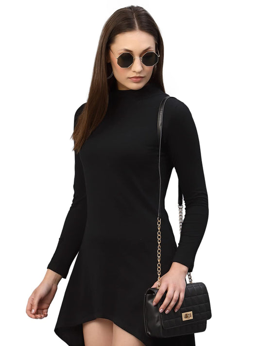 Rigo Women Black High-Low Full Sleeve Round Neck Dress