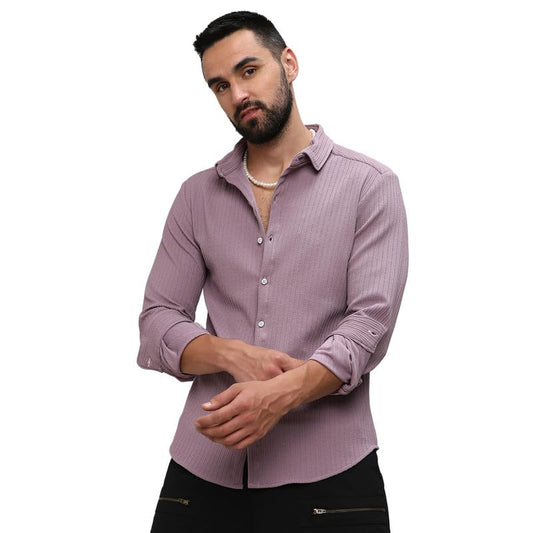 Campus Sutra Mens Lavender Stripe-Creased Shirt for Casual Wear | Spread Collar | Long Sleeves | Button Closure | Shirt Crafted